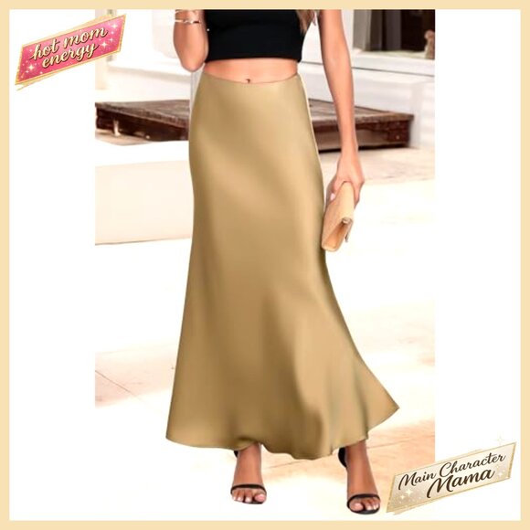 Satin Maxi Skirt High Waisted A-Line Split Side Fishtail Design - Picture 2 of 7